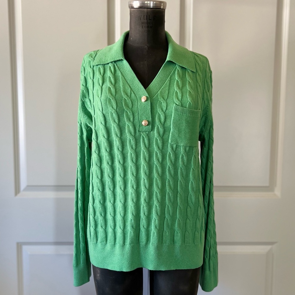 Talbots Green Cable Knit Polo Sweater NWT Size L Cotton Blend